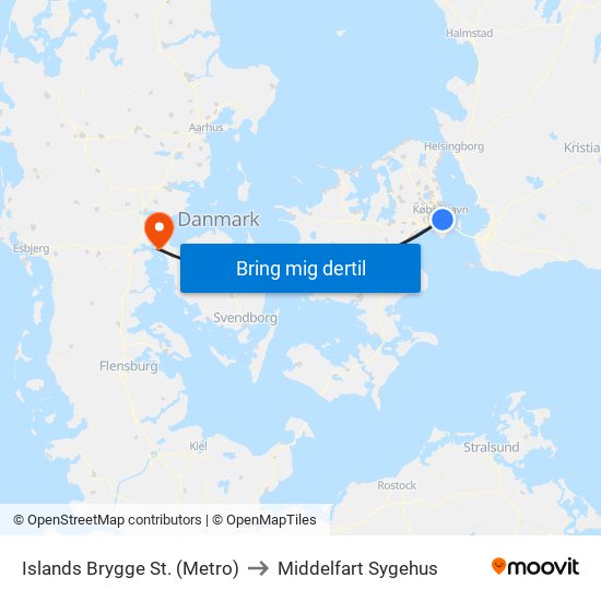 Islands Brygge St. (Metro) to Middelfart Sygehus map