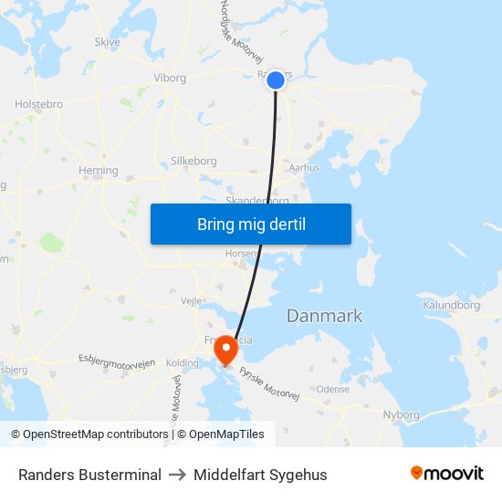 Randers Busterminal to Middelfart Sygehus map