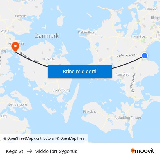 Køge St. to Middelfart Sygehus map