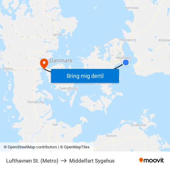 Lufthavnen St. (Metro) to Middelfart Sygehus map