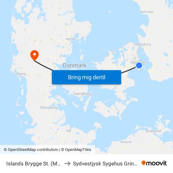 Islands Brygge St. (Metro) to Sydvestjysk Sygehus Grindsted map