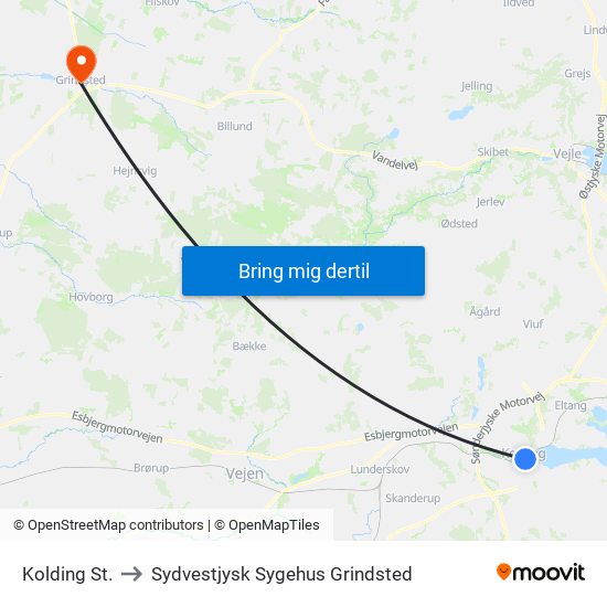 Kolding St. to Sydvestjysk Sygehus Grindsted map