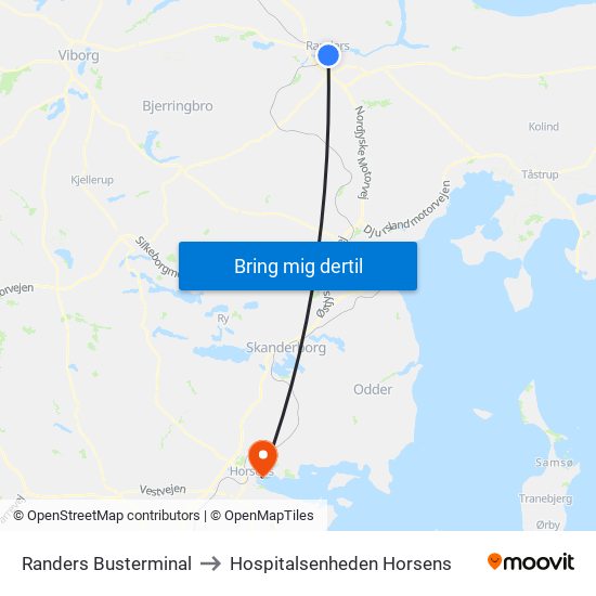Randers Busterminal to Hospitalsenheden Horsens map