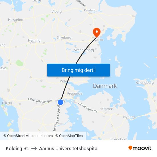 Kolding St. to Aarhus Universitetshospital map