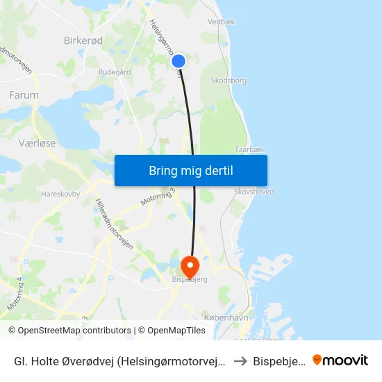 Gl. Holte Øverødvej (Helsingørmotorvejen) to Bispebjerg map