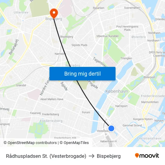 Rådhuspladsen St. (Vesterbrogade) to Bispebjerg map