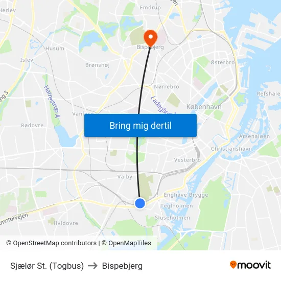 Sjælør St. (Togbus) to Bispebjerg map