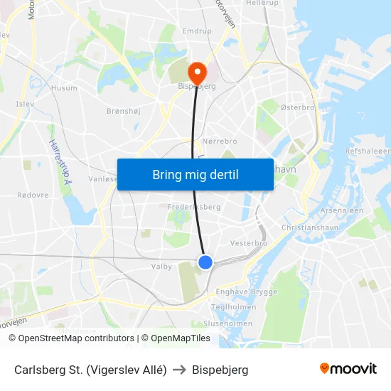 Carlsberg St. (Vigerslev Allé) to Bispebjerg map