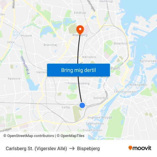 Carlsberg St. (Vigerslev Allé) to Bispebjerg map
