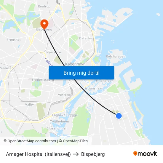 Amager Hospital (Italiensvej) to Bispebjerg map