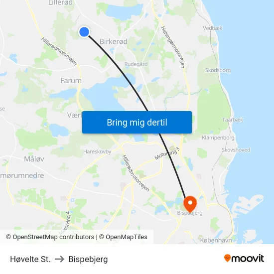 Høvelte St. to Bispebjerg map