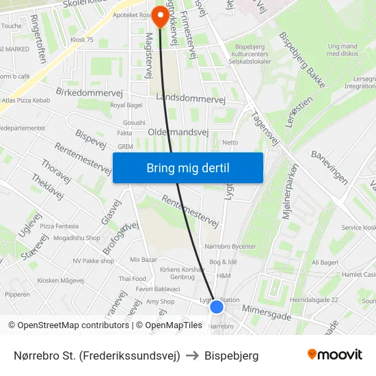 Nørrebro St. (Frederikssundsvej) to Bispebjerg map