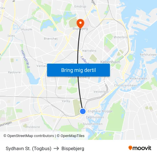 Sydhavn St. (Togbus) to Bispebjerg map