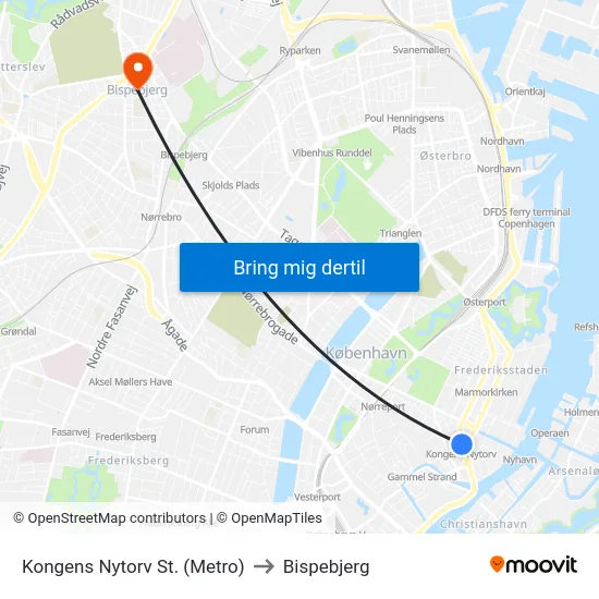 Kongens Nytorv St. (Metro) to Bispebjerg map