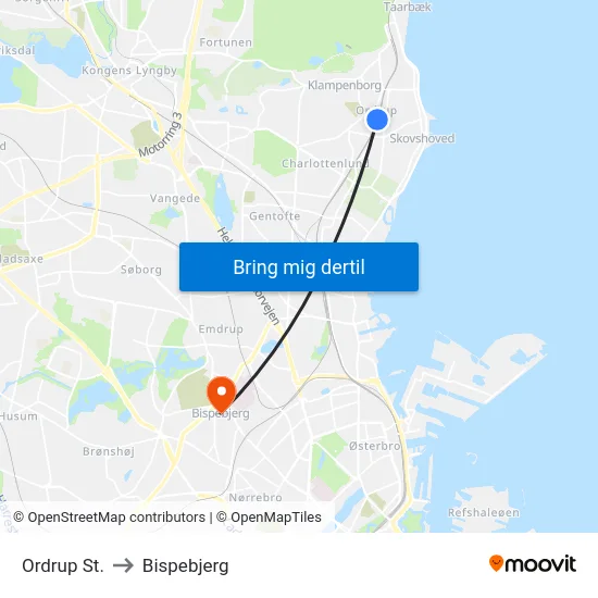 Ordrup St. to Bispebjerg map
