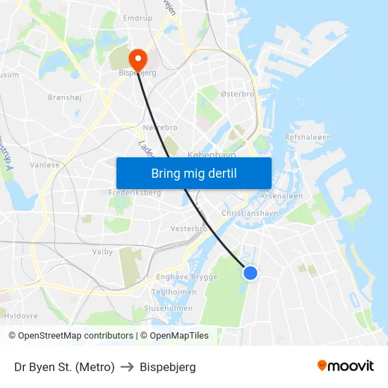 Dr Byen St. (Metro) to Bispebjerg map