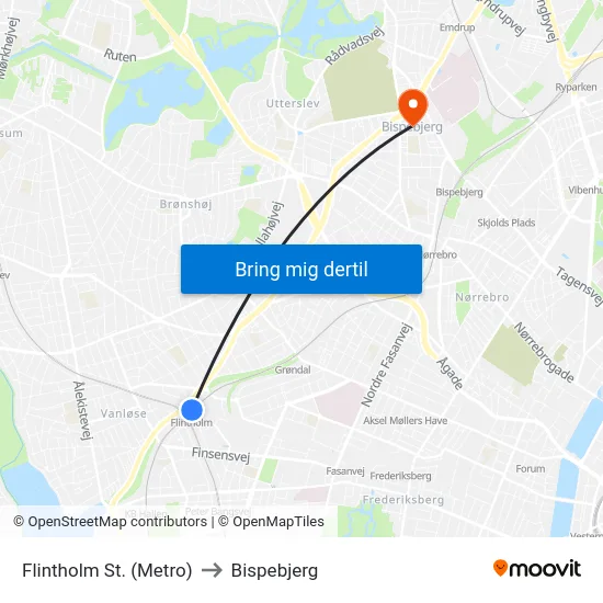 Flintholm St. (Metro) to Bispebjerg map