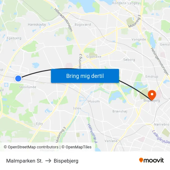Malmparken St. to Bispebjerg map