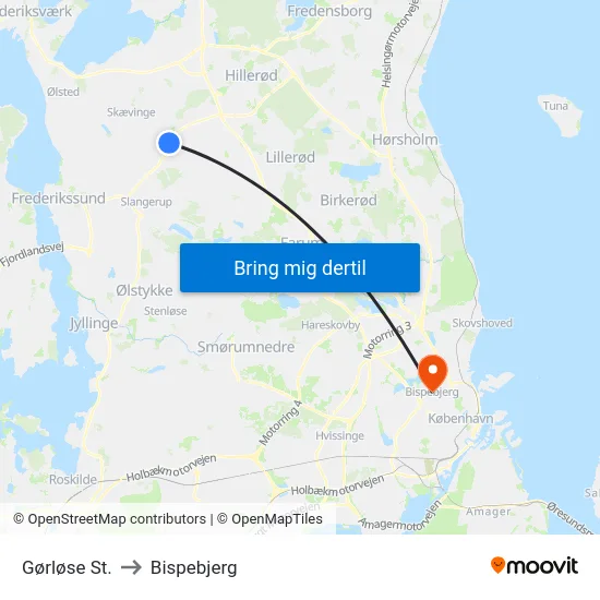 Gørløse St. to Bispebjerg map