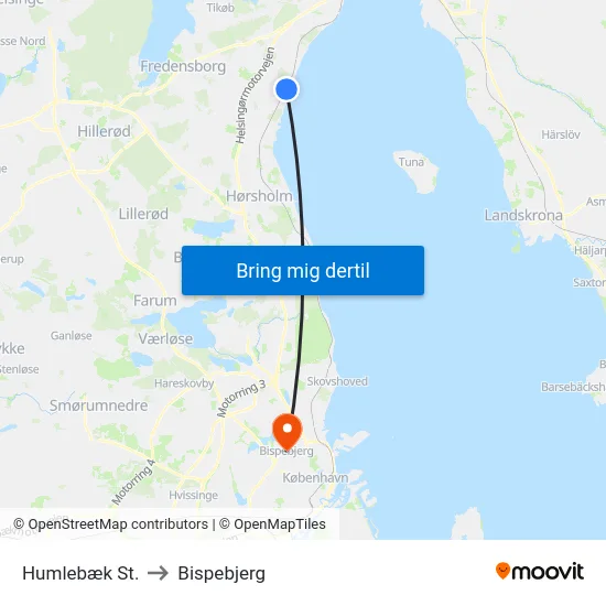 Humlebæk St. to Bispebjerg map
