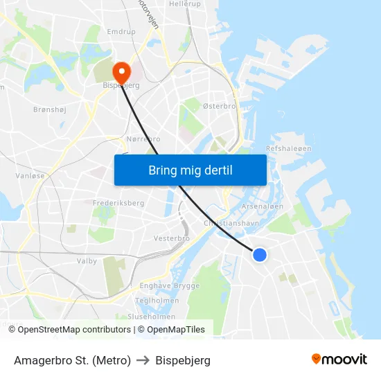Amagerbro St. (Metro) to Bispebjerg map