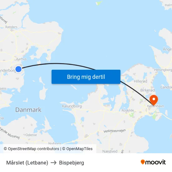Mårslet (Letbane) to Bispebjerg map