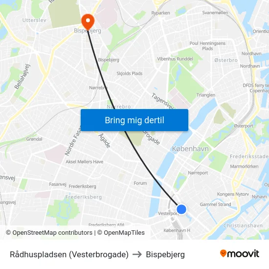 Rådhuspladsen (Vesterbrogade) to Bispebjerg map
