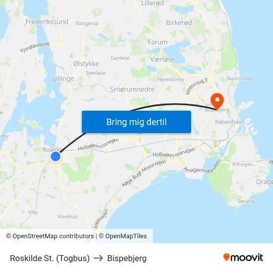 Roskilde St. (Togbus) to Bispebjerg map