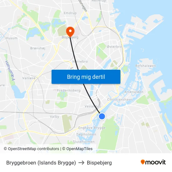 Bryggebroen (Islands Brygge) to Bispebjerg map