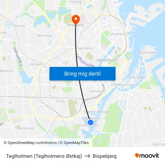 Teglholmen (Teglholmens Østkaj) to Bispebjerg map