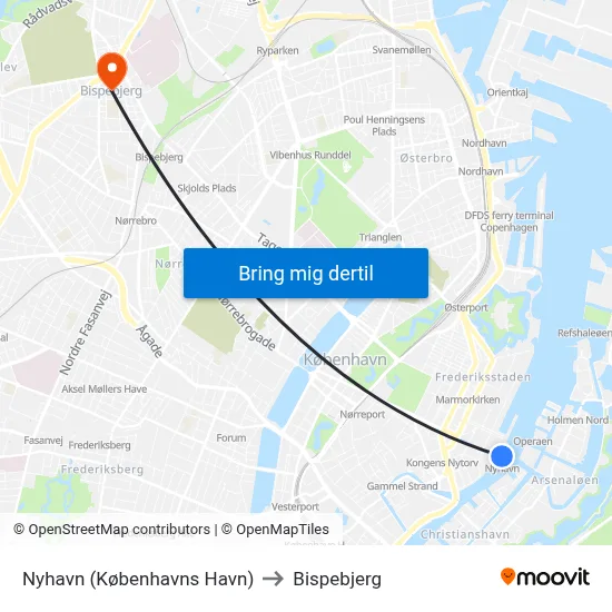 Nyhavn (Københavns Havn) to Bispebjerg map