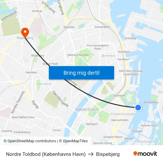 Nordre Toldbod (Københavns Havn) to Bispebjerg map