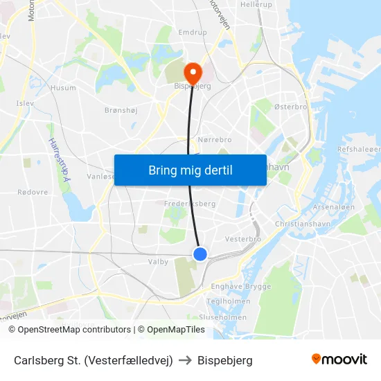 Carlsberg St. (Vesterfælledvej) to Bispebjerg map