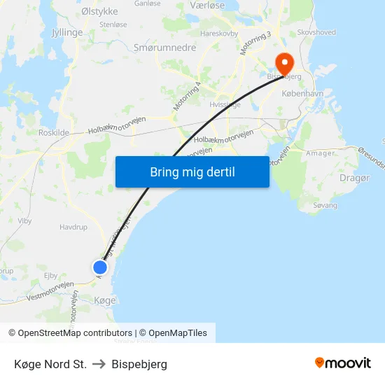 Køge Nord St. to Bispebjerg map