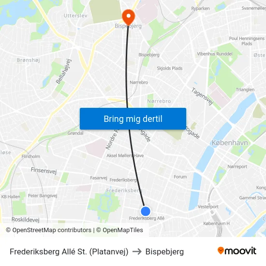 Frederiksberg Allé St. (Platanvej) to Bispebjerg map