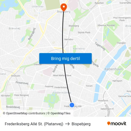Frederiksberg Allé St. (Platanvej) to Bispebjerg map