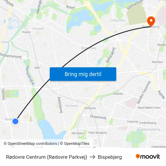 Rødovre Centrum (Rødovre Parkvej) to Bispebjerg map