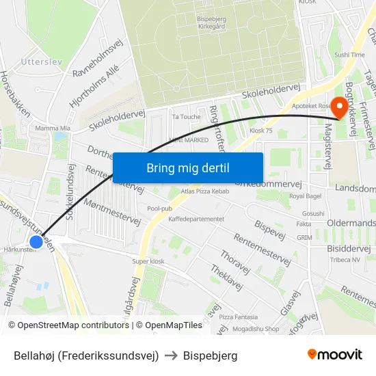 Bellahøj (Frederikssundsvej) to Bispebjerg map