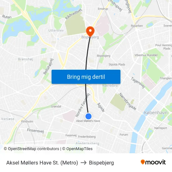 Aksel Møllers Have St. (Metro) to Bispebjerg map