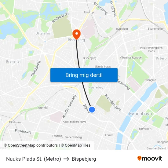 Nuuks Plads St. (Metro) to Bispebjerg map
