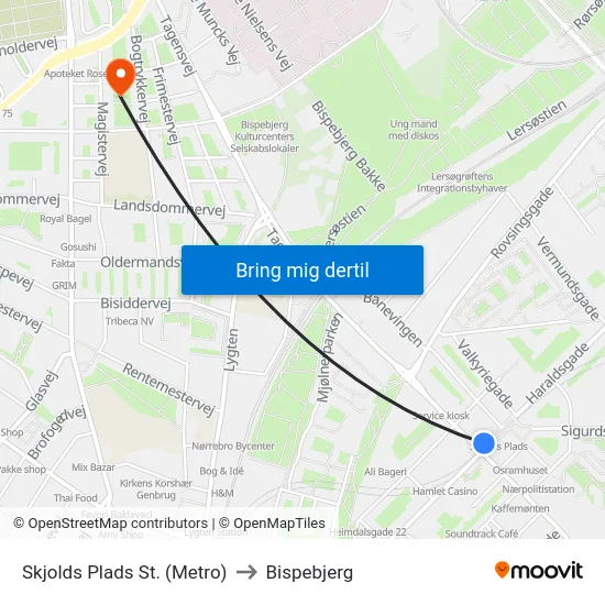 Skjolds Plads St. (Metro) to Bispebjerg map