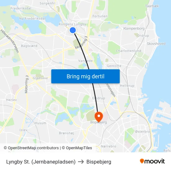 Lyngby St. (Jernbanepladsen) to Bispebjerg map