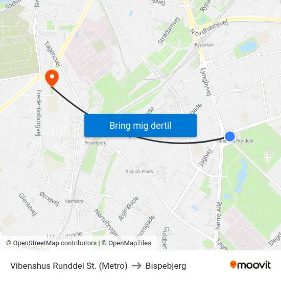 Vibenshus Runddel St. (Metro) to Bispebjerg map
