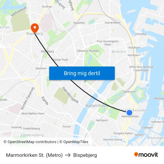 Marmorkirken St. (Metro) to Bispebjerg map