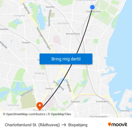 Charlottenlund St. (Rådhusvej) to Bispebjerg map