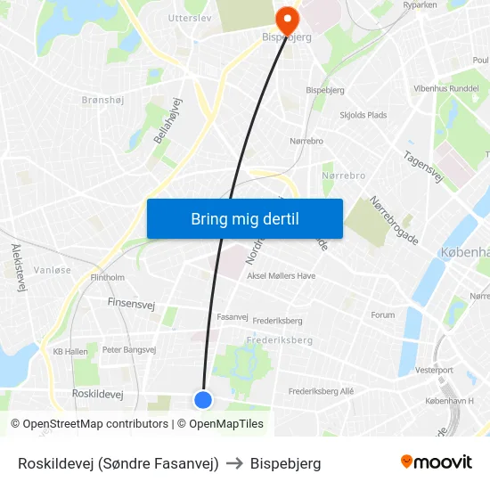 Roskildevej (Søndre Fasanvej) to Bispebjerg map