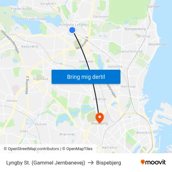 Lyngby St. (Gammel Jernbanevej) to Bispebjerg map