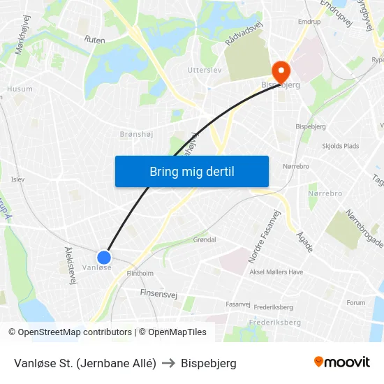 Vanløse St. (Jernbane Allé) to Bispebjerg map