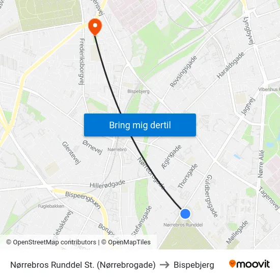 Nørrebros Runddel St. (Nørrebrogade) to Bispebjerg map