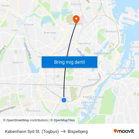 København Syd St. (Togbus) to Bispebjerg map